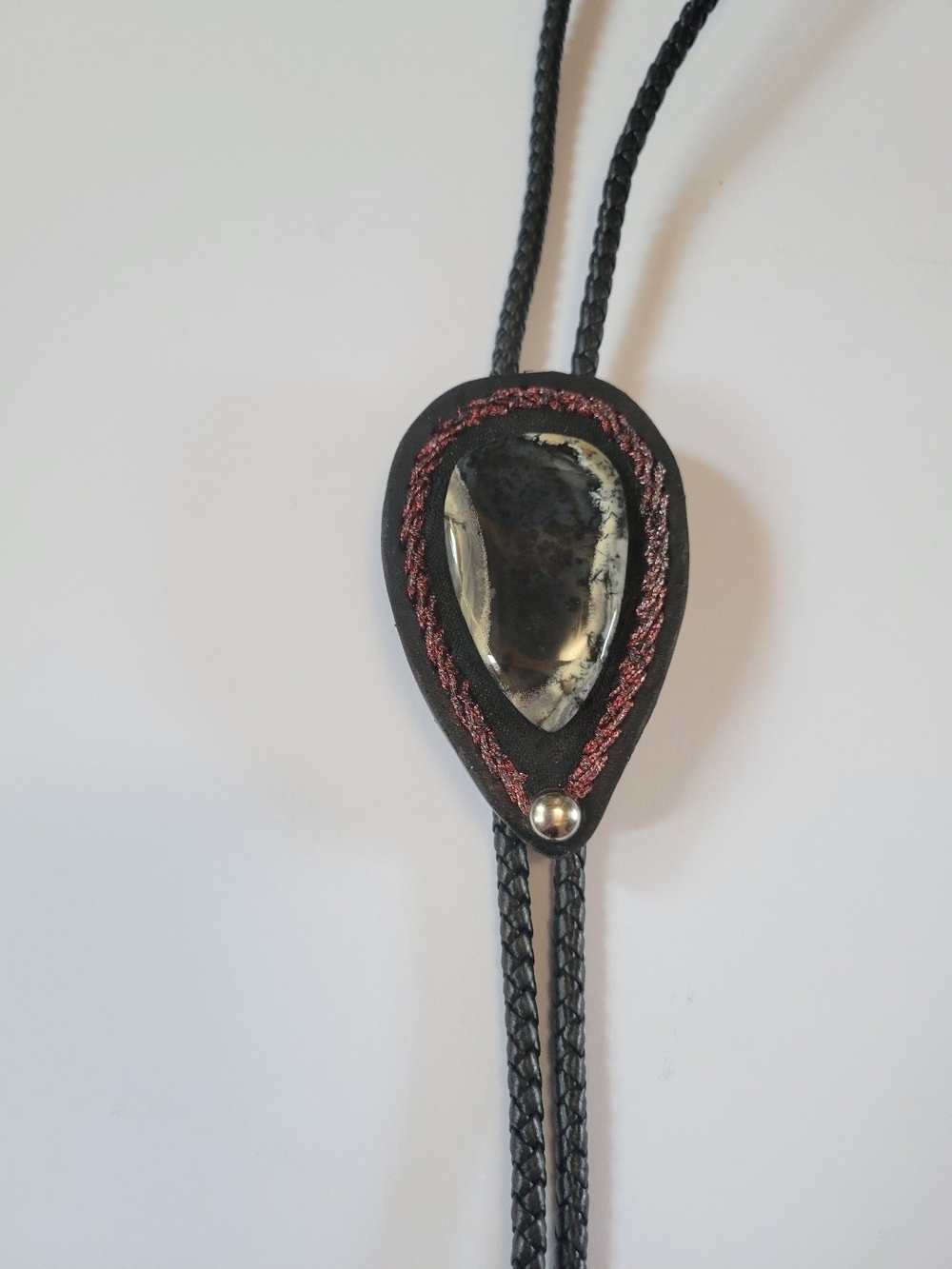 Black Leather Bolo Tie with Dark Stone Accent